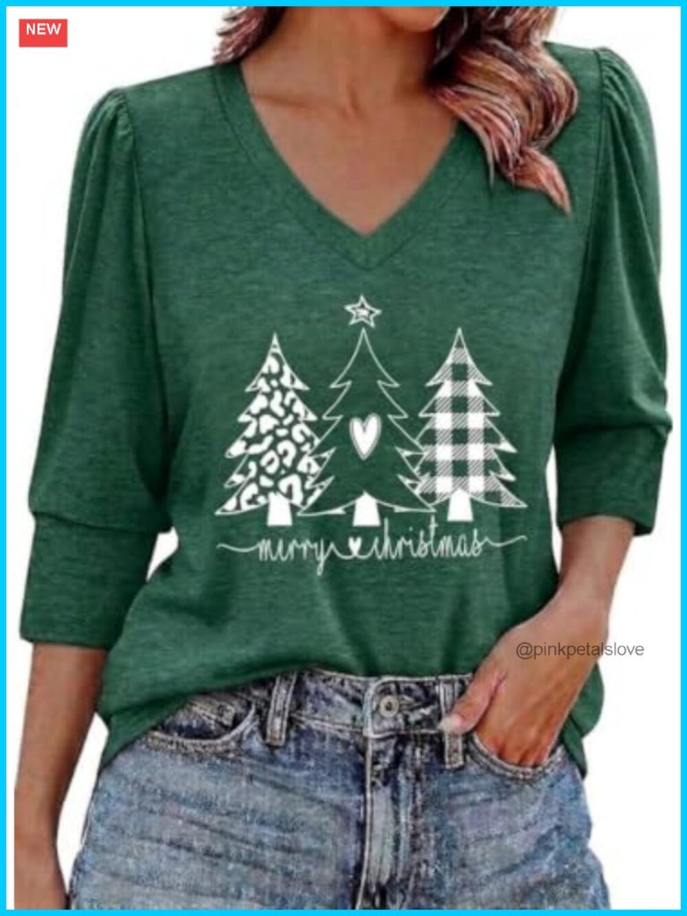 Womens Christmas 3/4 Sleeve V Neck Merry Bright Graphic Tee